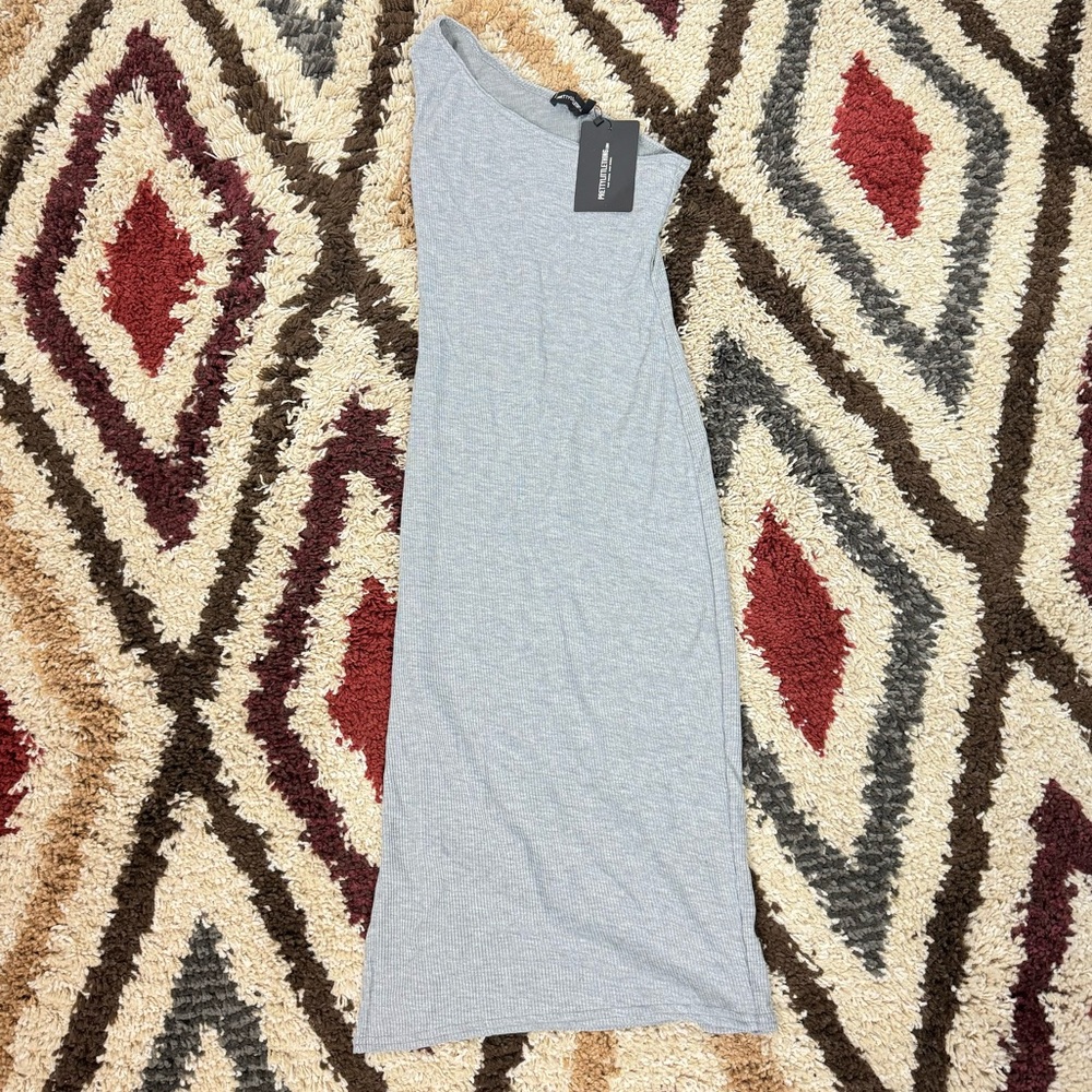 Pretty Little Thing Midi Dress One Shoulder Solid Gray Ribbed Tank Fitted Slit - Picture 1 of 8